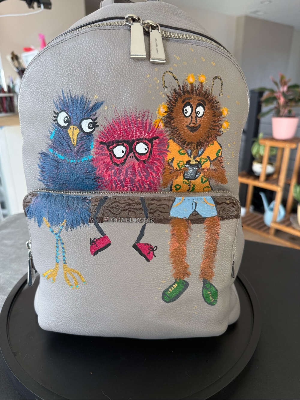 Michael Kors Backpack Gray Leather with Hand Painted Whimsical Characters